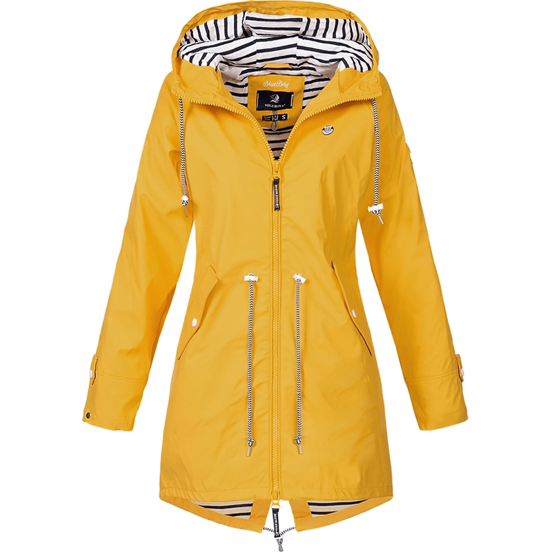 Yellow waterproof hooded rain jacket SF0078 with full sleeves, pockets, and windproof features for outdoor activities.